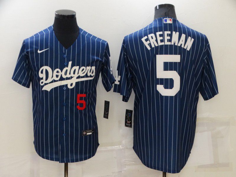 Men Los Angeles Dodgers 5 Freeman Blue Stripe Throwback Nike 2022 MLB Jersey